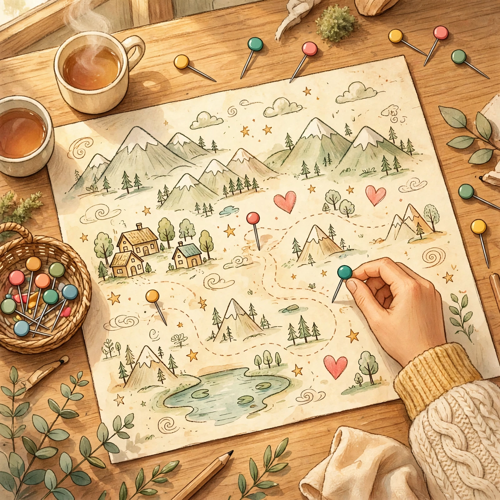 Hands placing colorful pins on a hand-drawn map